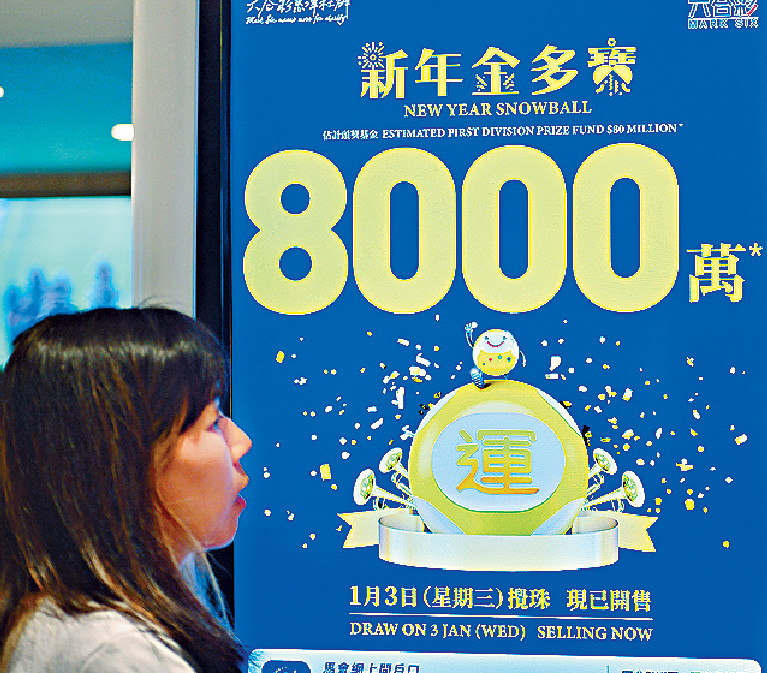 ■六合彩新年金多寶如果以10元一注獨中，頭獎獎金有機會高達8000萬元。
