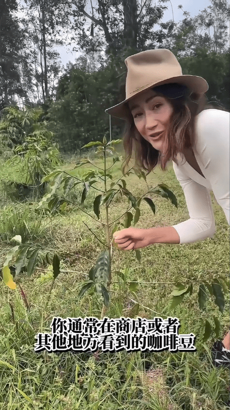 Maggie Q向镜头展示其种植的咖啡浆果。