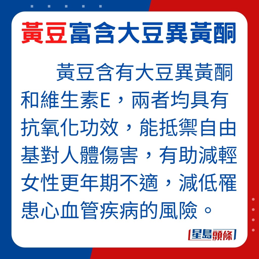 黃豆最為人熟悉的,是含有大豆異黃酮和維生素E,兩者均具有抗氧化功效,能抵禦自由基對人體的傷害,並有助減輕女性更年期不適,以及減低罹患心血管疾病的風險。