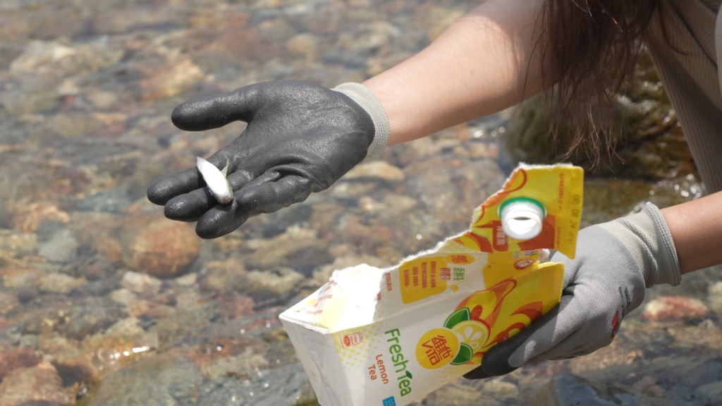 其中一个盒内还躺着一条死鱼，「这就是塑胶垃圾如何杀掉海洋生物」。