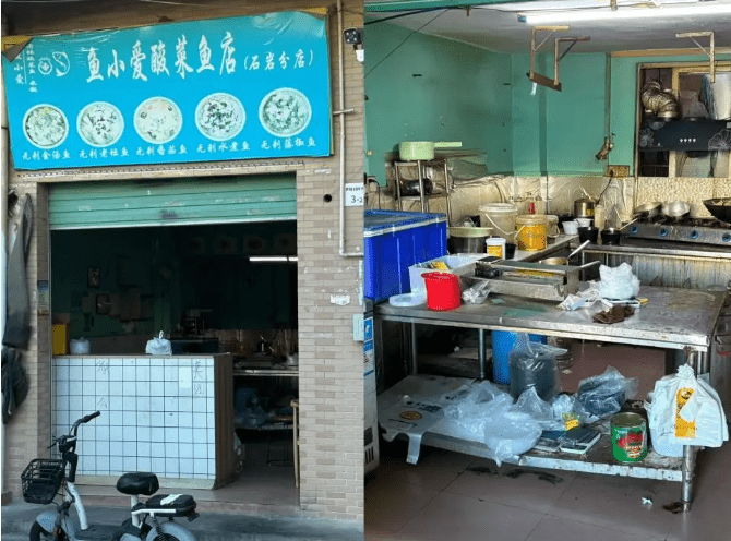 記者實拍該店門店（左）與廚房（右）。