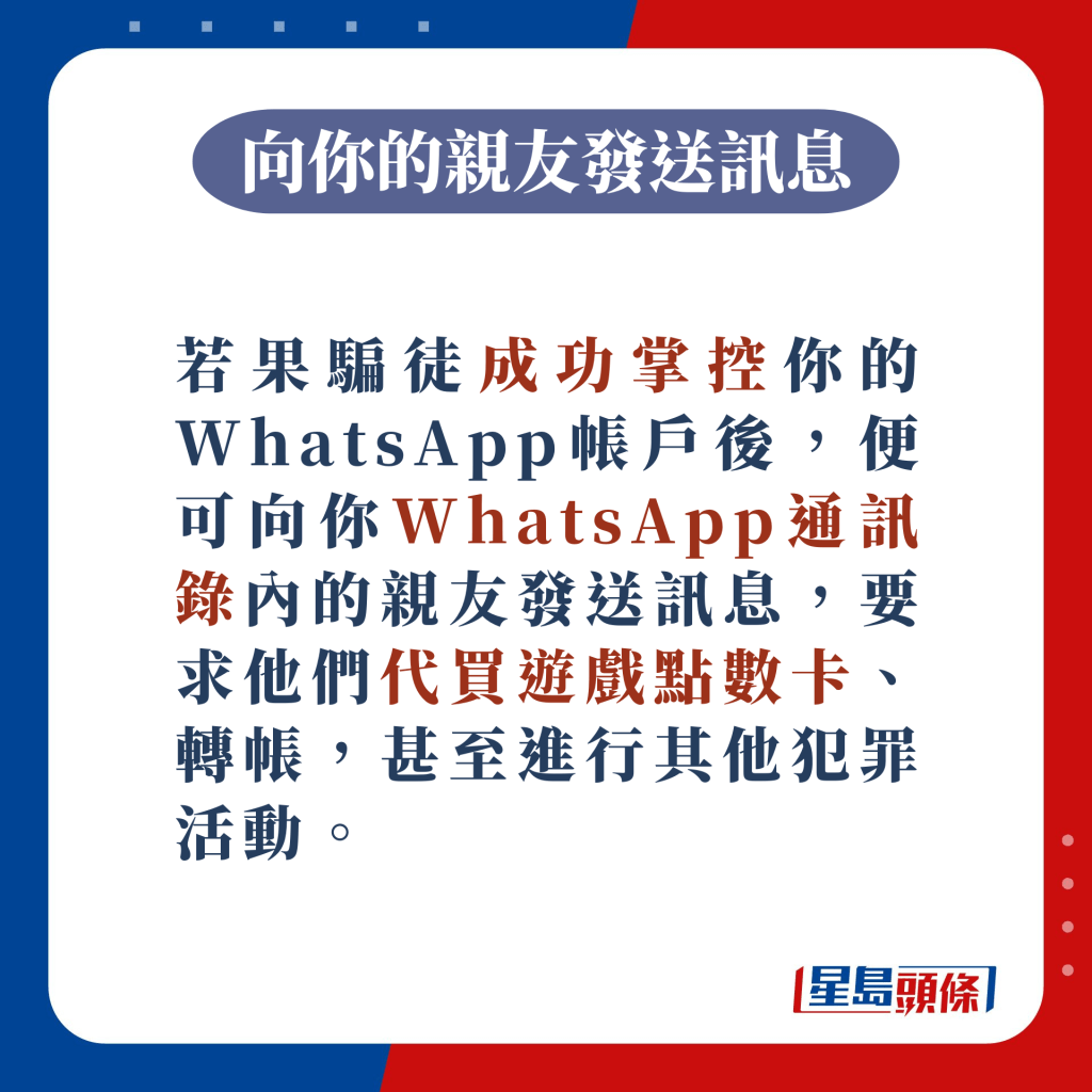 若果騙徒成功掌控你的WhatsApp帳戶後，便可向你WhatsApp通訊錄內的親友發送訊息，要求他們代買遊戲點數卡、轉帳，甚至進行其他犯罪活動。