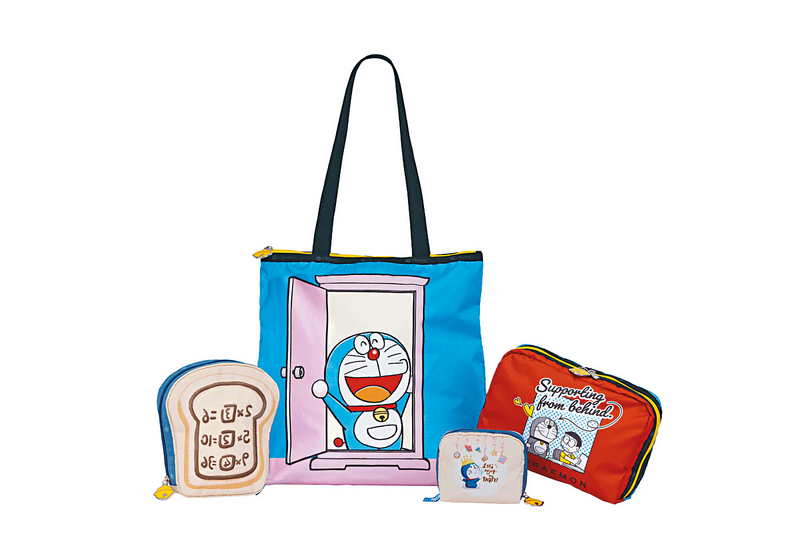 ●左起/記憶麵包造型收納袋、雙面設計的隨意門圖案Tote Bag、五十周年方形化妝袋、Message to You化妝袋。