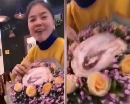 重慶女生日收到豬肉「富貴花」,讚朋友太用心。(網圖)