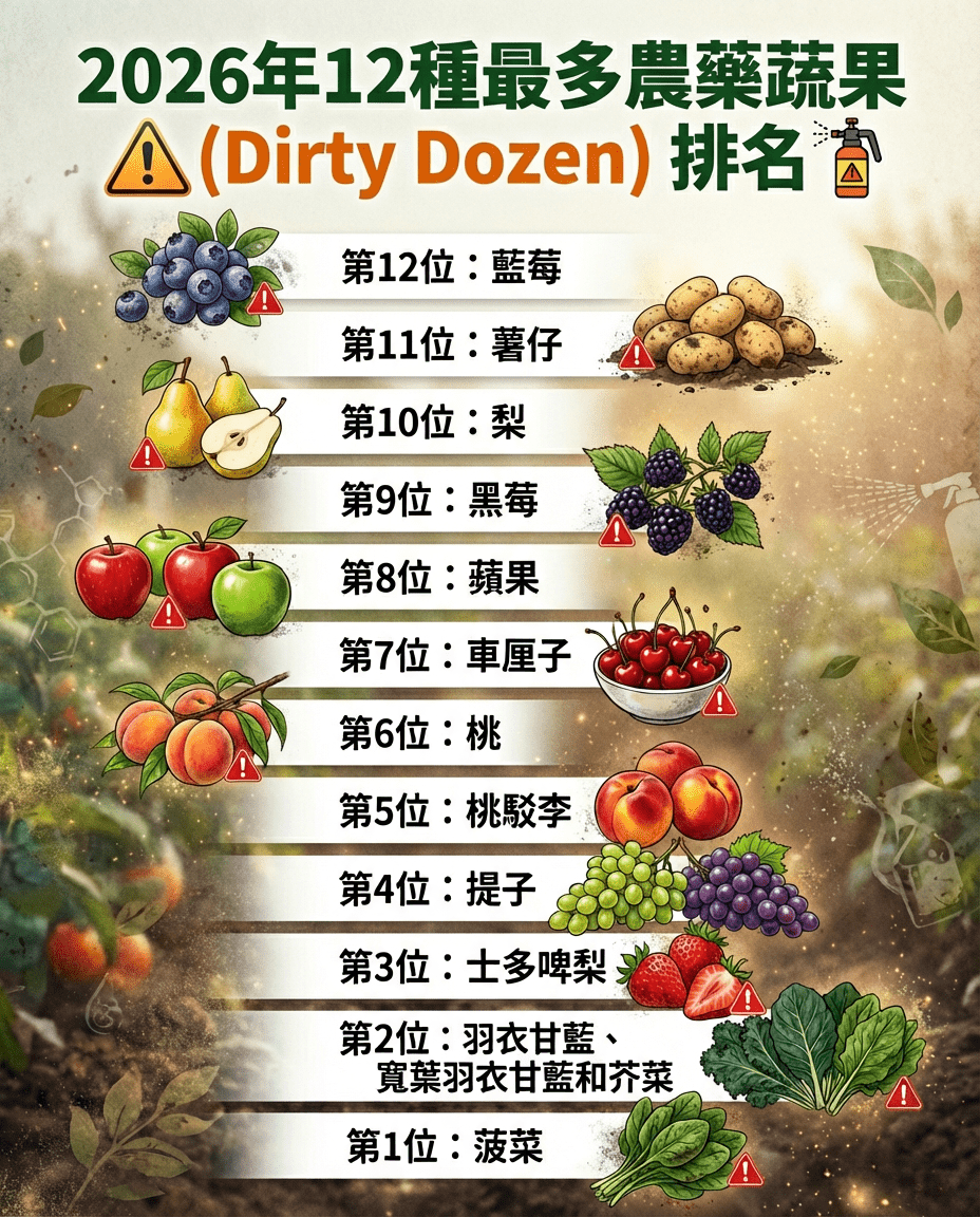 2026年12种最多农药蔬果(Dirty Dozen)排名 2026年12种最多农药蔬果(Dirty Dozen)排名