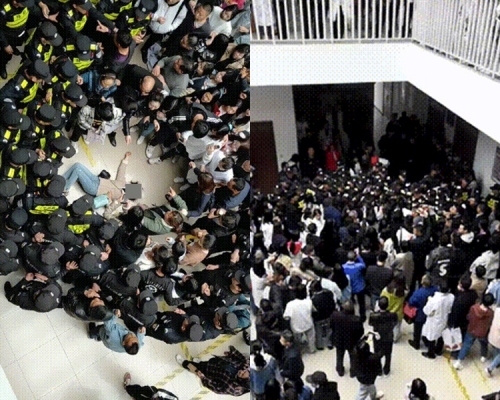 网上流传，一名学校保安在到场后，将一名女生打至倒地。网图