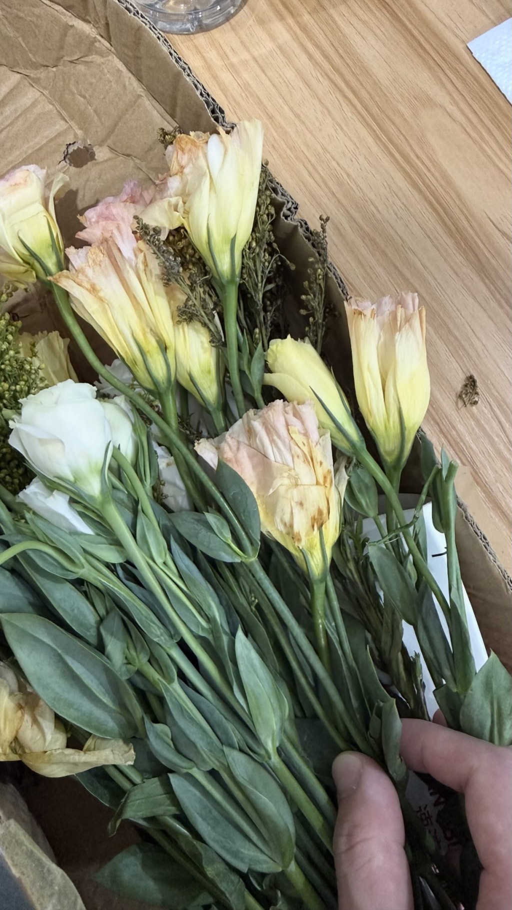 有網民表示，鮮花一個星期後才抵港，開箱後發現全部變乾。(來源：threads)