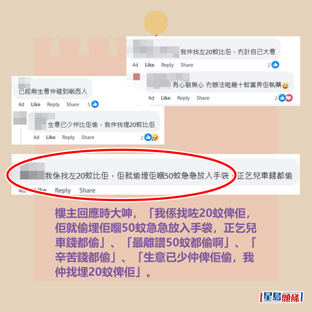 樓主回應時大呻,「我係找咗20蚊俾佢, 佢就偷埋佢嗰50蚊急急放入手袋,正乞兒 車錢都偷」、「最離譜50蚊都偷啊」、「 辛苦錢都偷」、「生意已少仲俾佢偷,我 仲找埋20蚊俾佢」。fb「的士司機資訊網 Taxi」截圖 樓主回應時大呻,「我係找咗20蚊俾佢, 佢就偷埋佢嗰50蚊急急放入手袋,正乞兒 車錢都偷」、「最離譜50蚊都偷啊」、「 辛苦錢都偷」、「生意已少仲俾佢偷,我 仲找埋20蚊俾佢」。fb「的士司機資訊網 Taxi」截圖