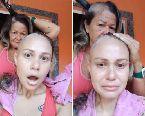 患癌女化疗甩发剃光头，巴西妈妈陪削发与爱女相伴同行。（网图）