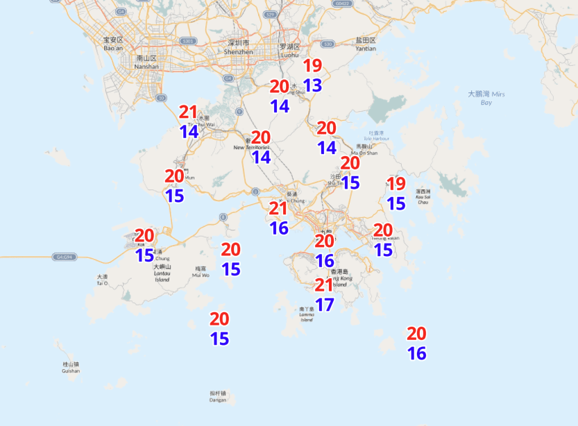 天文台下星期二（6日）香港分区气温预报图。天文台图片