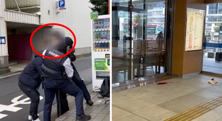 日本島根縣松江市疑發生隨機斬人案,男疑兇(紅圈)被拘捕。網上影片截圖