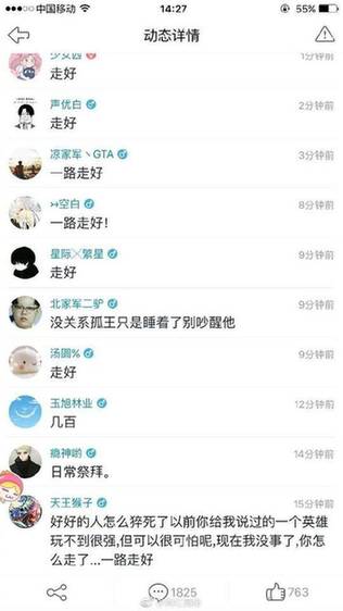 支持者們留言說「一路走好」、「孤王只是睡着了別吵醒他」。