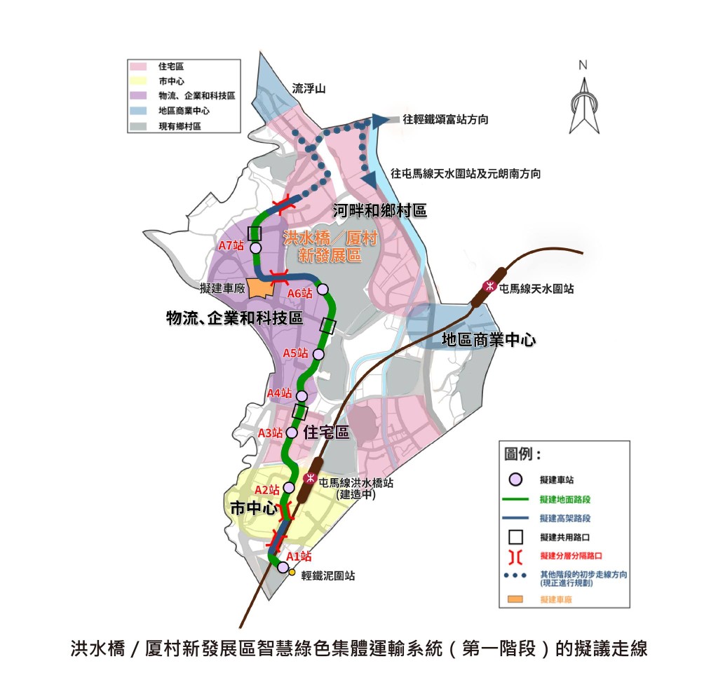 洪水橋/厦村新發展區智慧綠色集體運輸系統(第1階段)的擬議走線。土木工程拓展署fb概念圖 洪水橋/厦村新發展區智慧綠色集體運輸系統(第1階段)的擬議走線。土木工程拓展署fb概念圖