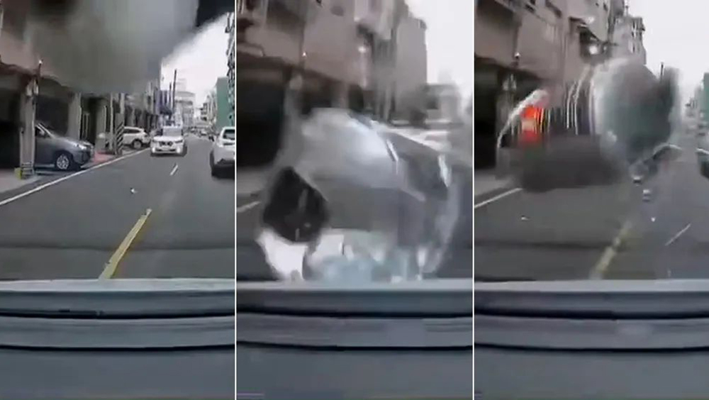 鐵皮水塔6樓墜落砸車,嚇壞司機與途人。