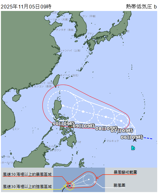 日本氣象廳路徑圖顯示，「鳳凰」11月10日會移向接近菲律賓一帶。日本氣象廳截圖