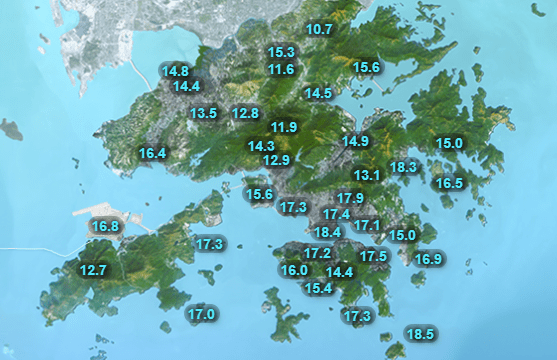 天文台指出今早（7日）天氣稍涼，其中打鼓嶺低至10.7度。天文台擷圖