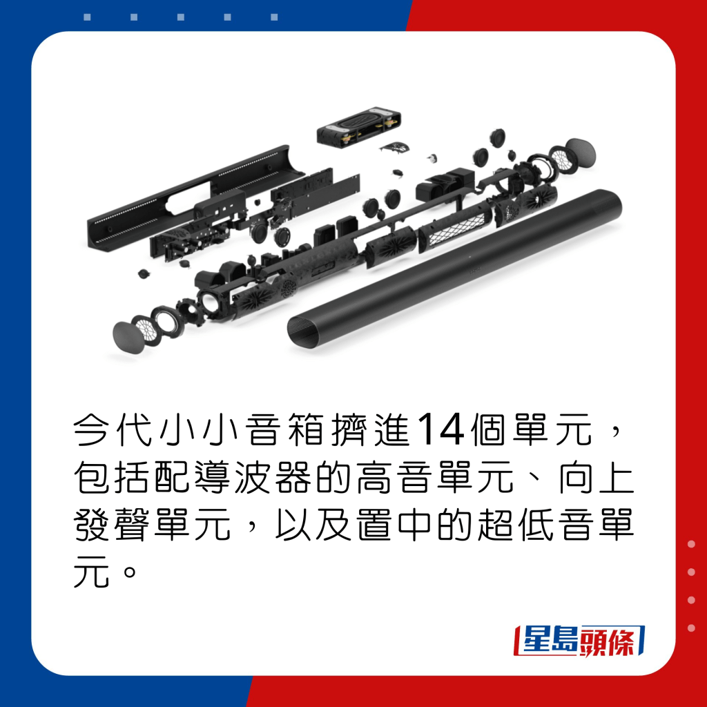 今代小小音箱挤进14个单元，包括配导波器的高音单元、向上发声单元，以及置中的超低音单元。