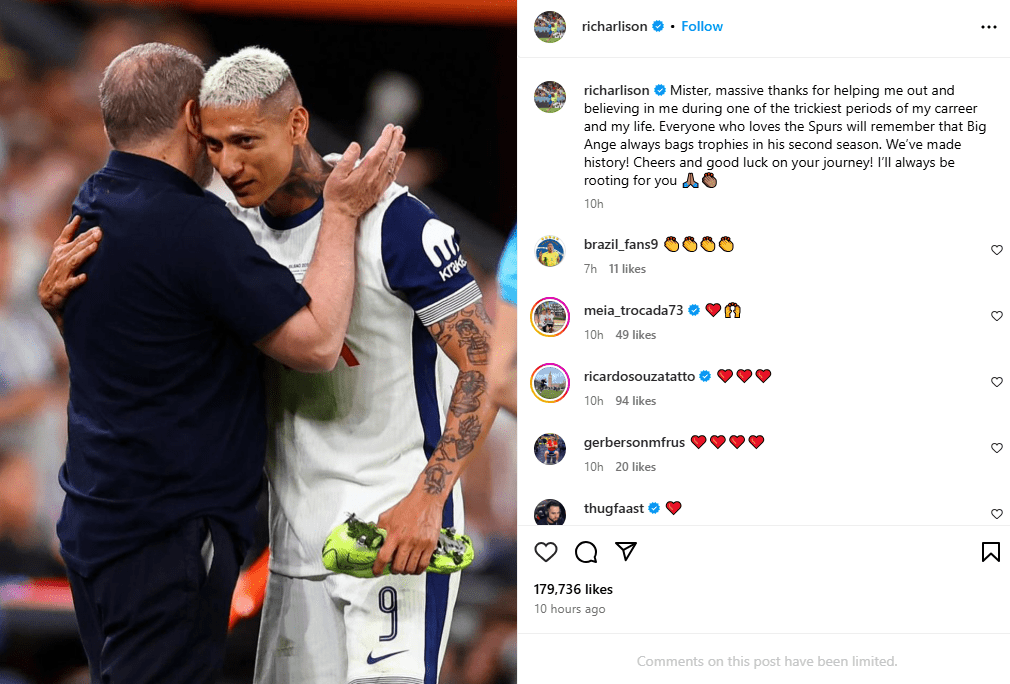 李察利臣告別普帥。李察利臣IG截圖