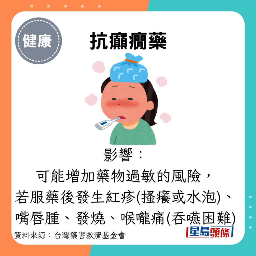 抗癫痫药：影响： 可能增加药物过敏的风险， 若服药后发生红疹(搔痒或水泡)、嘴唇肿、发烧、喉咙痛(吞咽困难)