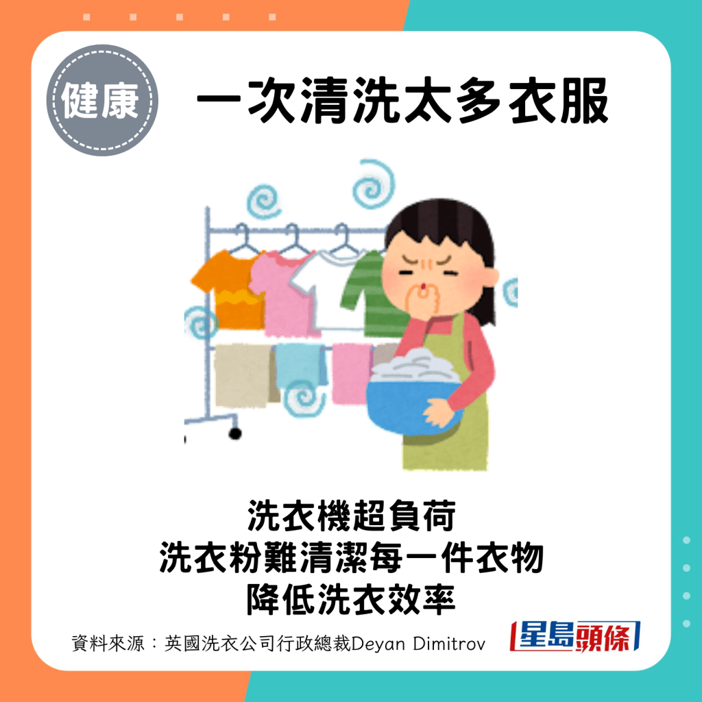 洗衣機超負荷，令洗衣粉難以循環妥善清潔每一件衣物，降低洗衣效率。