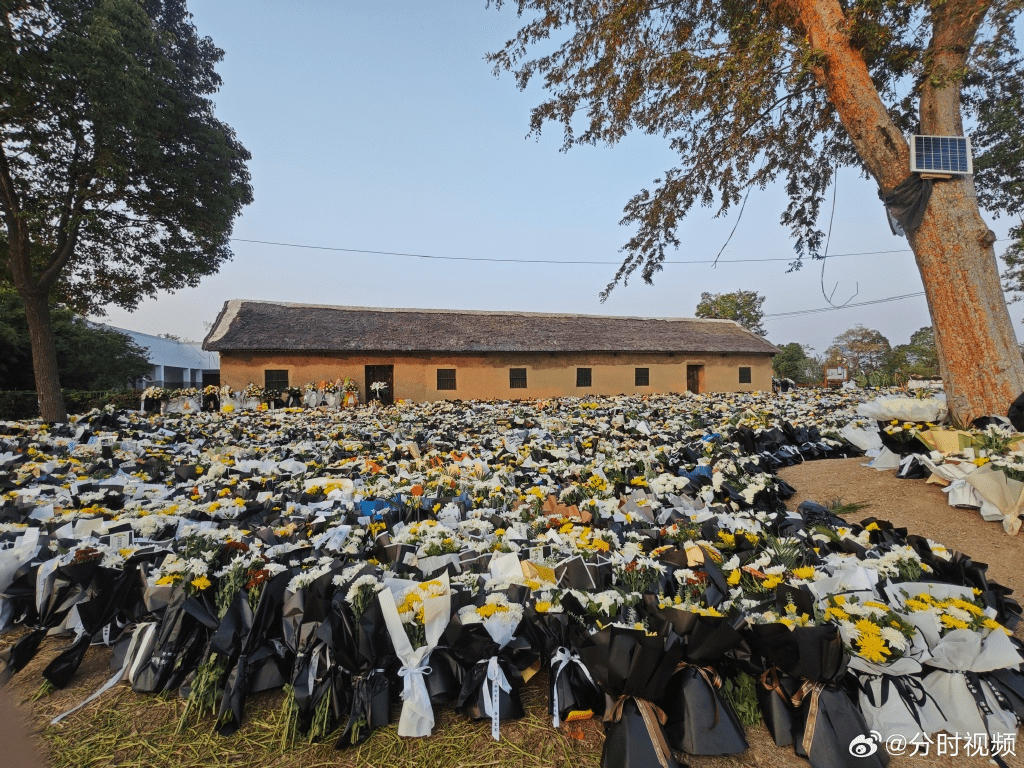 李克强家乡定远县九梓村的祖屋外，摆满悼念的花束。 微博