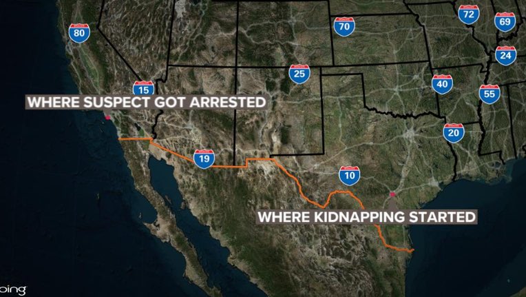 疑犯在德州绑架13岁女童后，驾驶至加州。