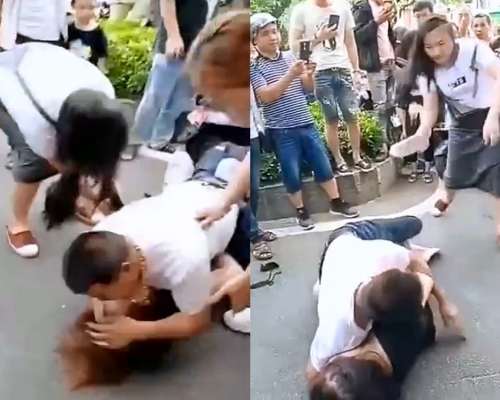 內地女子街頭暴打小三，丈夫竟瞓身保護愛人。影片截圖