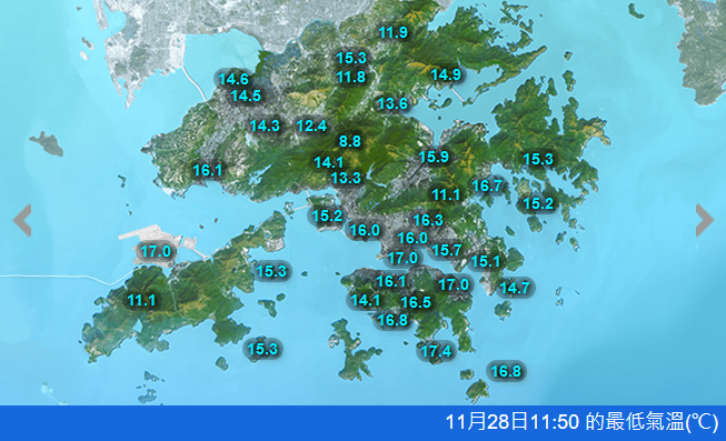 截至早上11時50分，本港今日最低氣溫。天文台網站擷圖