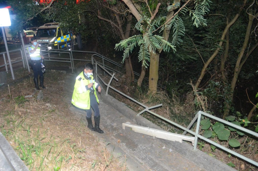 沙田私家車撞毀路牌鐵欄衝落山坡。