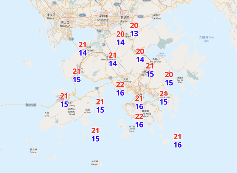 天文台下星期一（5日）香港分区气温预报图。天文台图片