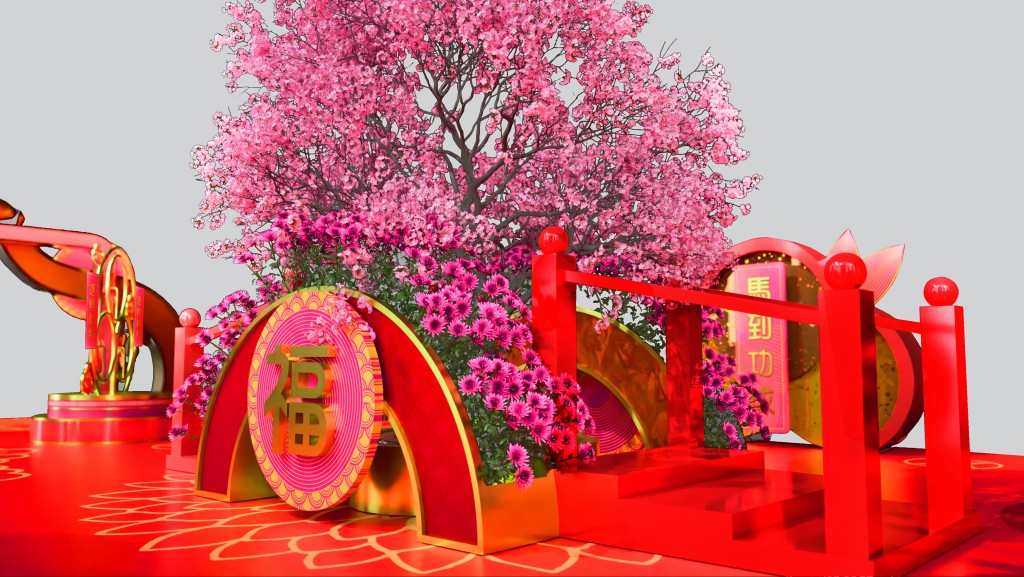 场内特设巨型「财来运起桃花园」贺年装置、催运桃花阵，让大家转风车许愿！