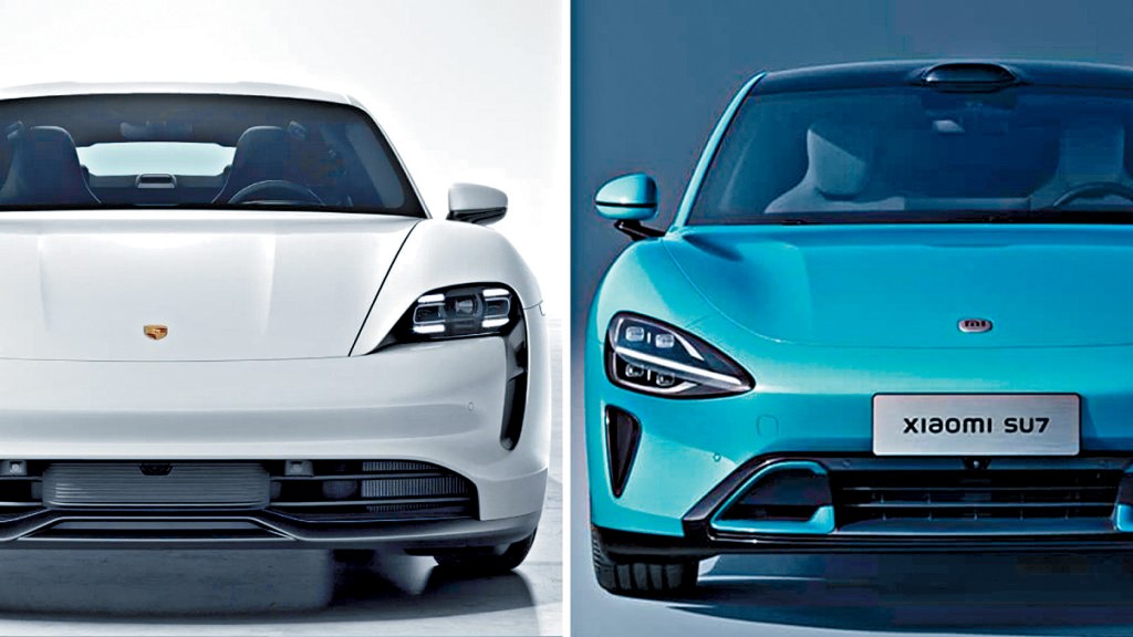 保持捷Taycan(左)和小米電動車SU7(右)。