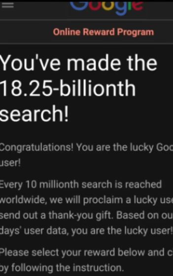 當Google帳戶點擊該封「Google在線獎勵計劃」郵件，會出現如「您剛於Google上進行了第182.5億次的搜索，㳟喜你成為Google的幸運兒」的訊息。