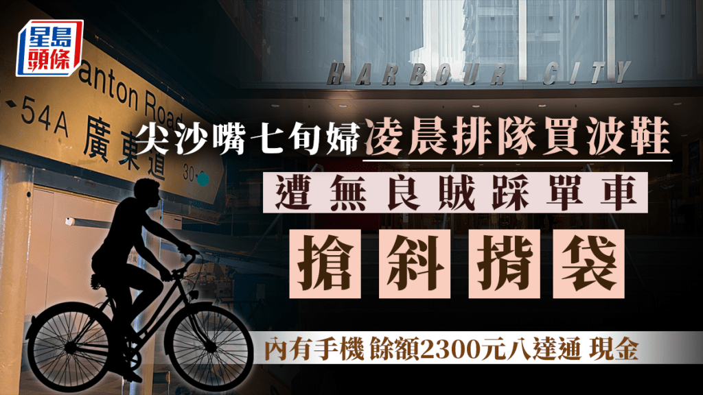 一名老婦在廣東道66號街頭排隊買波鞋時遭人搶去斜揹袋。