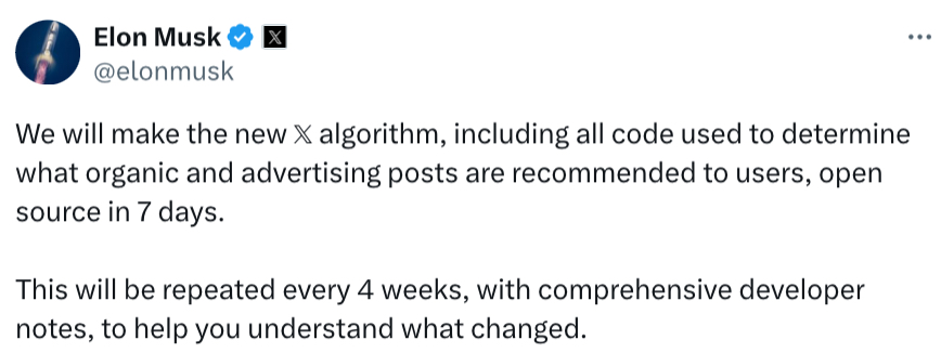  月马斯克宣布X7天内开放演算法原始码。