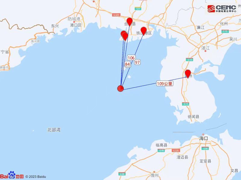 震中距海岸線最近約64公里。中國地震台網