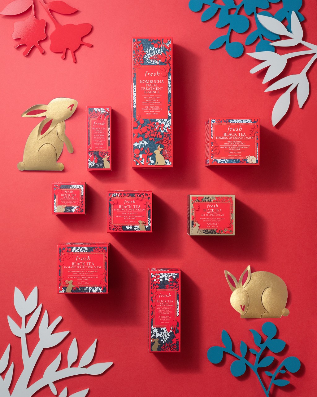 除了兔年新春限量版，紅茶抗皺緊緻系列亦換上新春包裝， 充滿節日氣氛。