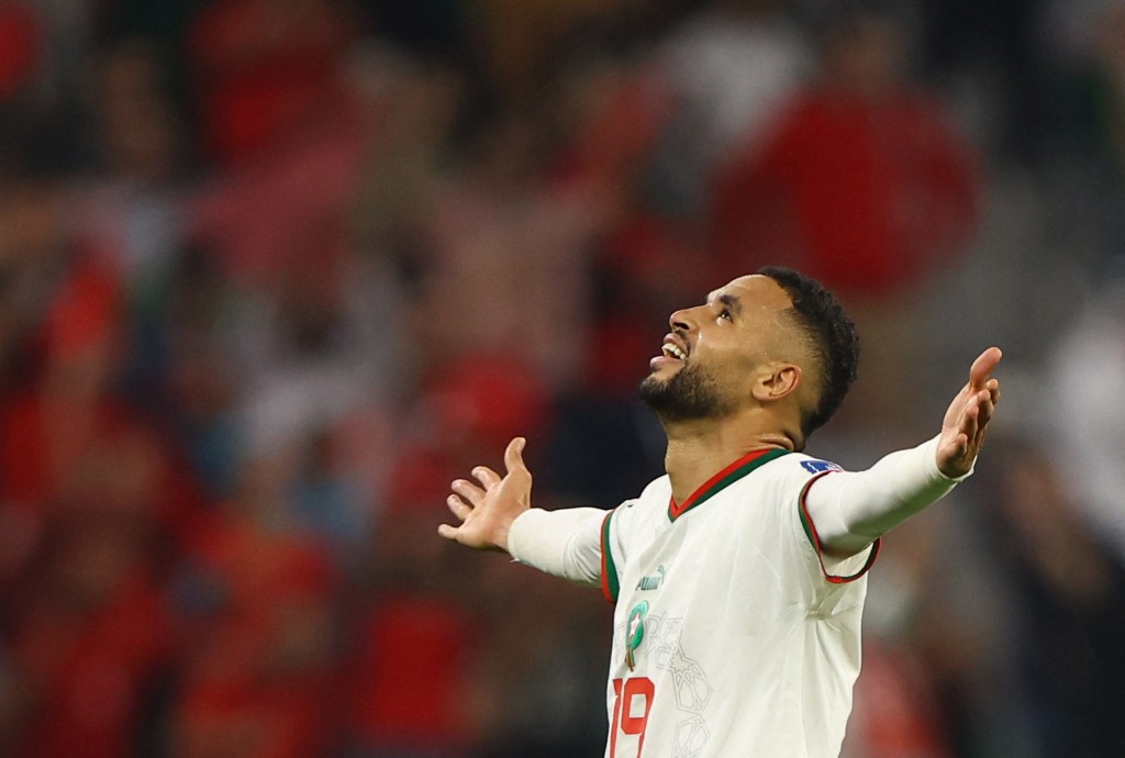 摩洛哥入球功臣安尼利斯於球隊贏波出線後鬆一口氣。REUTERS