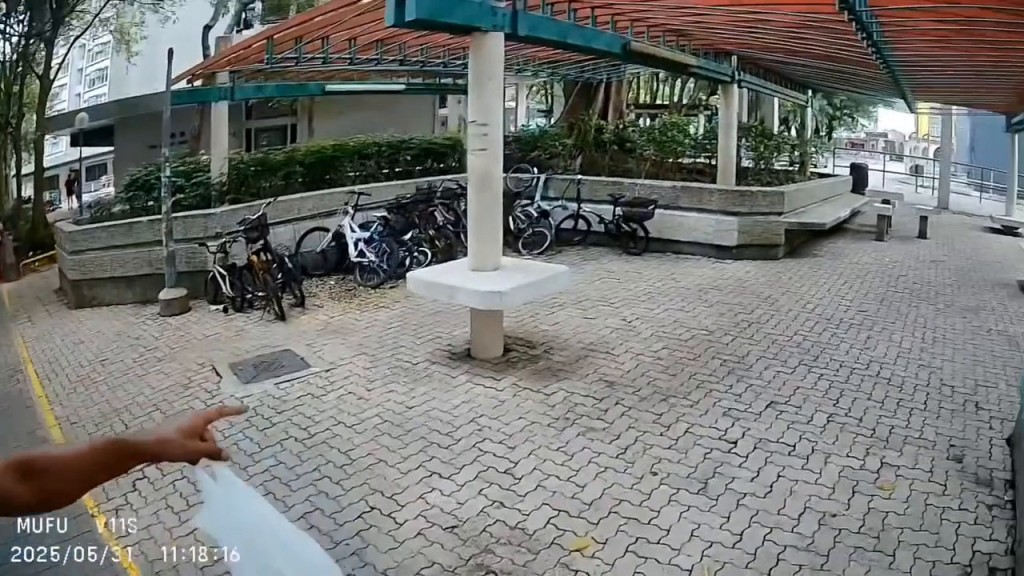 跑前的鐵騎士指著公園石椅並 挽起婦人的背心袋:坐呢度啦。fb「車cam L(香港群組)」截圖 跑前的鐵騎士指著公園石椅並 挽起婦人的背心袋:坐呢度啦。fb「車cam L(香港群組)」截圖