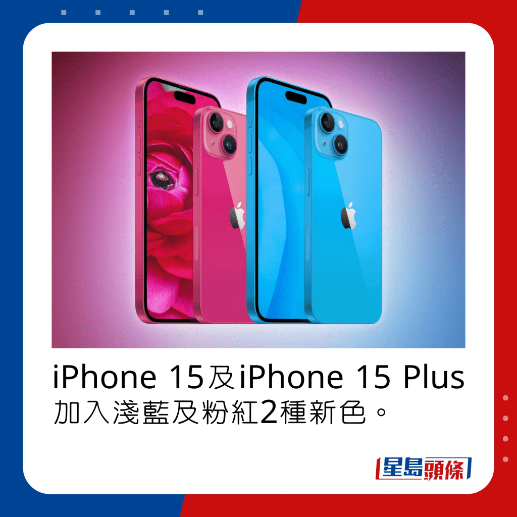 iPhone 15及iPhone 15 Plus加入浅蓝及粉红2种新色。