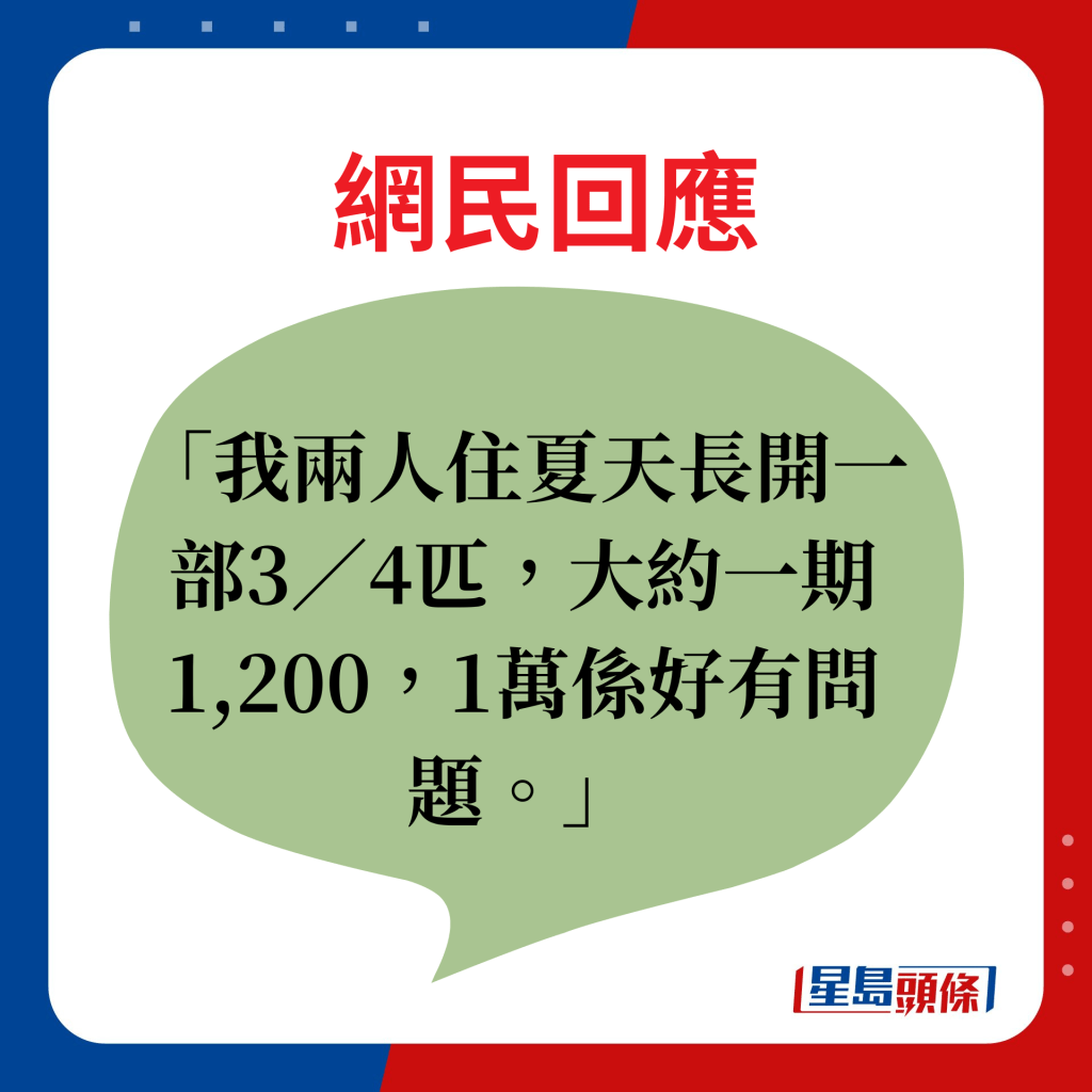 网民回应：我两人住夏天长开一部3／4匹，大约一期1200，1万系好有问题