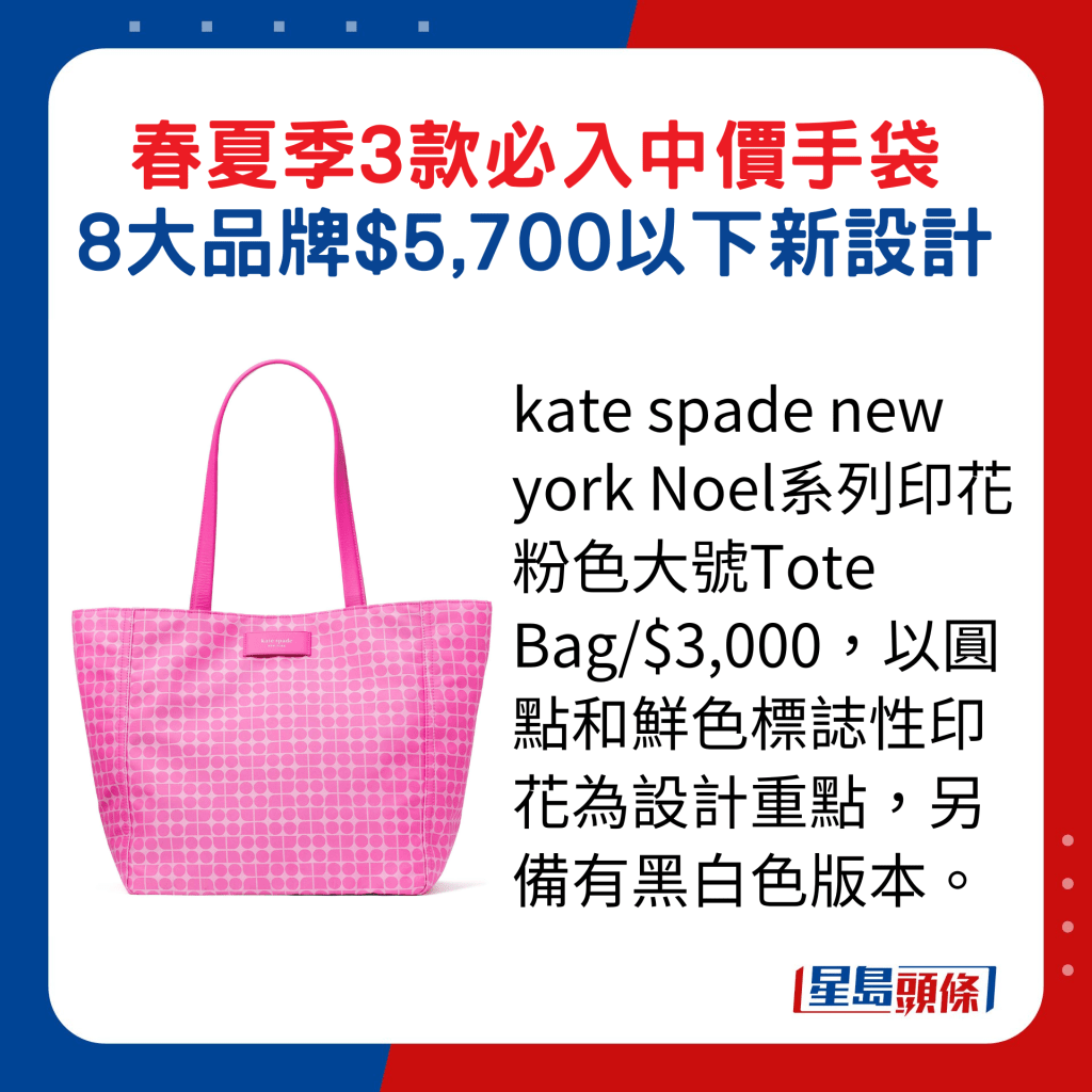 kate spade new york Noel系列印花粉色大號Tote Bag/$3,000，以圓點和鮮色標誌性印花為設計重點，另備有黑白色版本。