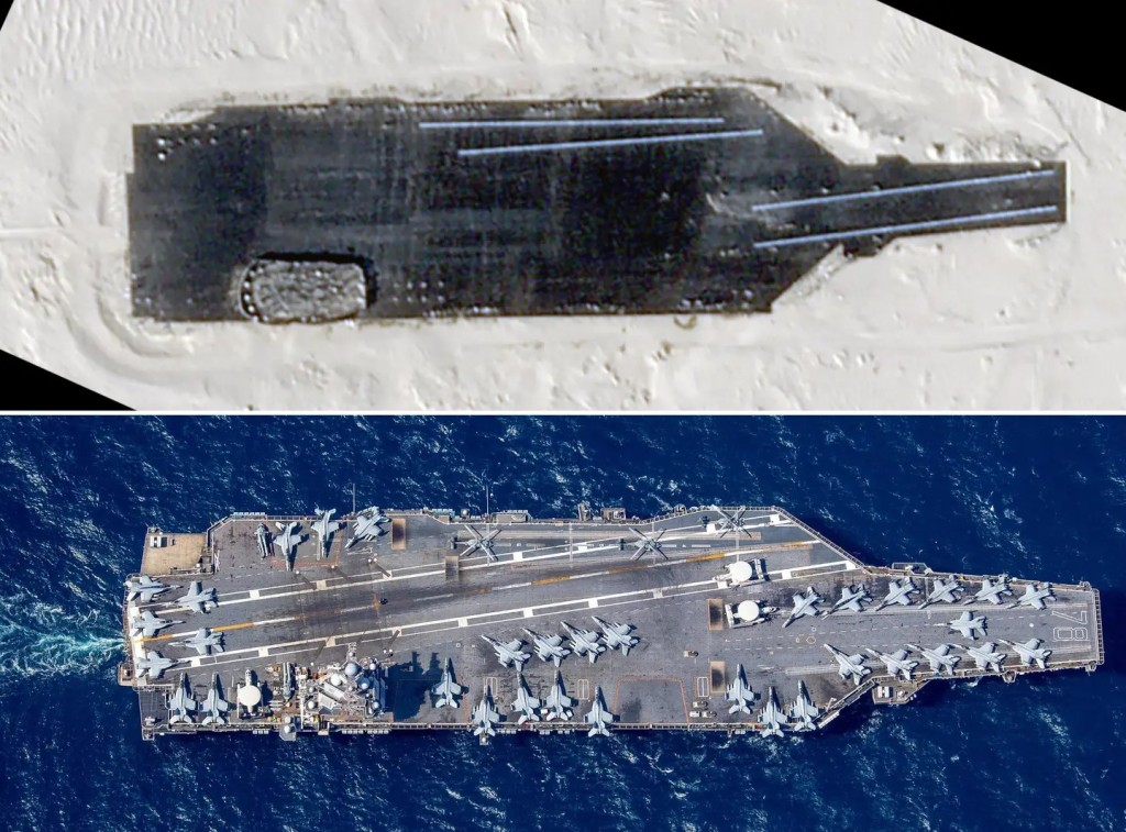中国靶舰和美国「福特号」比较。