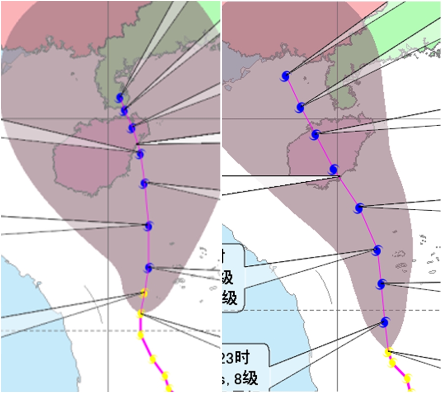 内地中央氣象台東調路徑。（左為最新，右為今早11時預報）