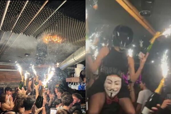 疑似因香檳瓶上仙女棒噴出的火花引燃天花板。X.com 疑似因香檳瓶上仙女棒噴出的火花引燃天花板。X.com