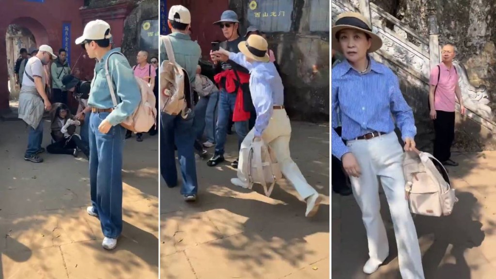 兩名戴帽的大陸女子，不滿被台灣旅遊團勸阻「打尖」，發惡打人。Ｘ＠風暴士兵