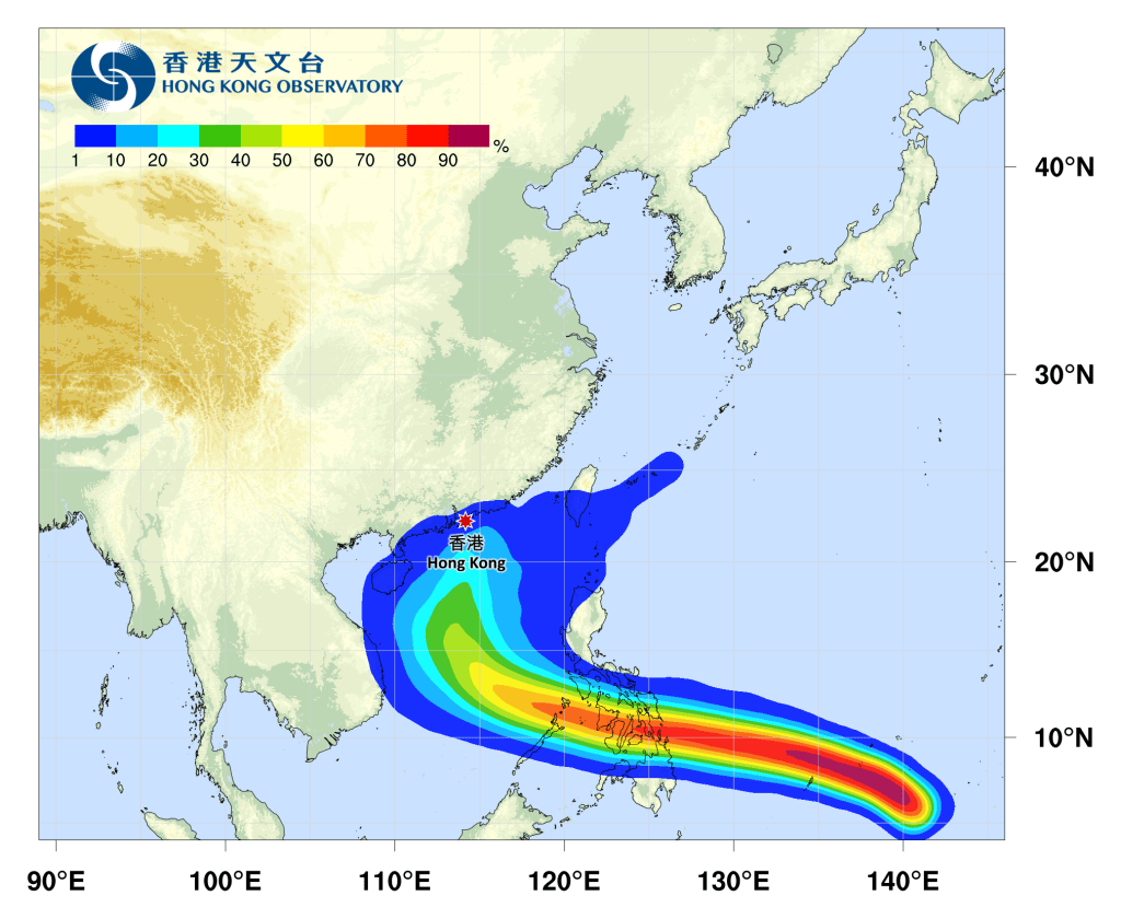 路径概率预报表示热带气旋雷伊可能的移动路径。较高概率为红色，而较低概率为蓝色。图中显示雷伊移至南海南部后的移动路径仍存在变数。天文台