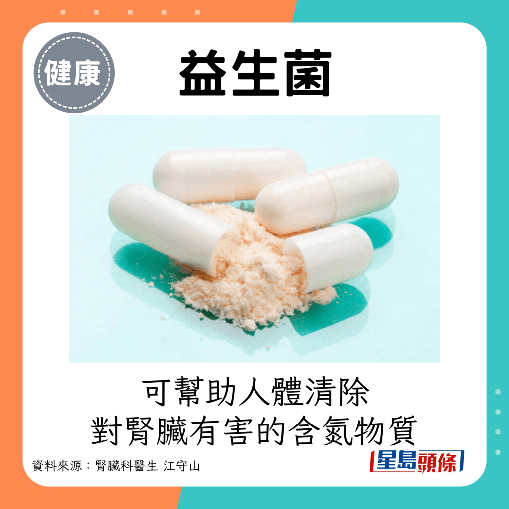 益生菌：可帮助人体清除对肾脏有害的含氮物质，达到保护肾功能的作用。