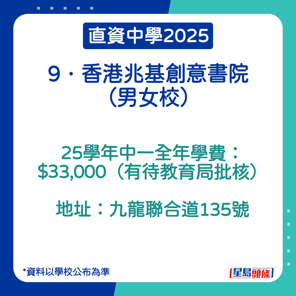 香港兆基创意书院的学费。