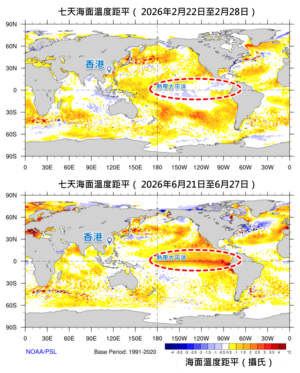 比較2月下旬與6月下旬的七天海面溫度距平圖，可見赤道太平洋中部和東部一帶（紅圈位置）已受廣泛暖水覆蓋，反映厄爾尼諾正在形成中。